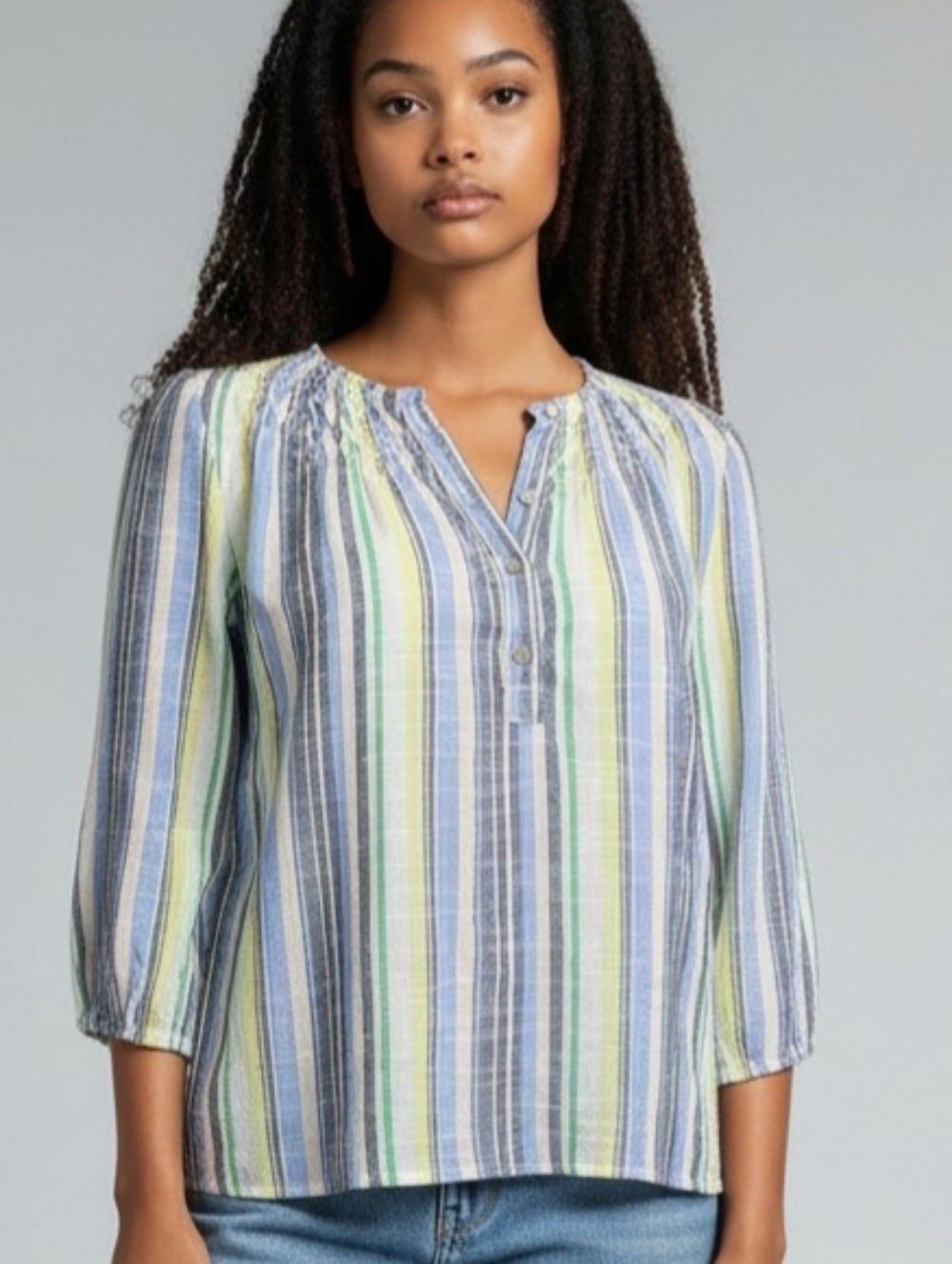 St. Roche Striped Henley Top Gauzy Cotton Blue White Nautical Coastal Small
